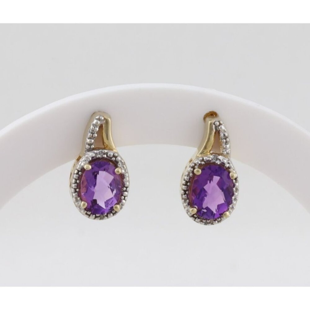 10k Yellow Gold Natural Amethyst & Diamond Earrings Stud Post 1/2" x 3/8" inch